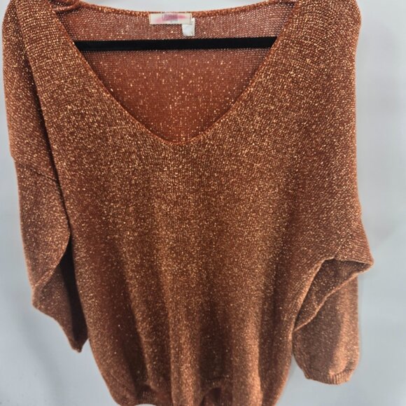 I. Magnin Rust Orange Gold Metallic Vintage 90s V-Neck Vintage Sweater 2x - Picture 6 of 6